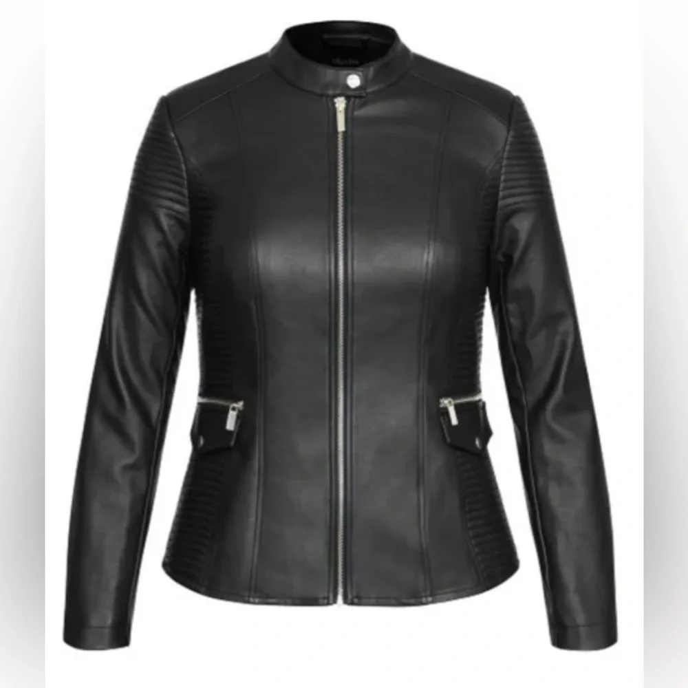 NWT [City Chic] Biker Moto Black w/ Gold Zip-Up Leather Jacket Coat Women’s 12 - Picture 4 of 15